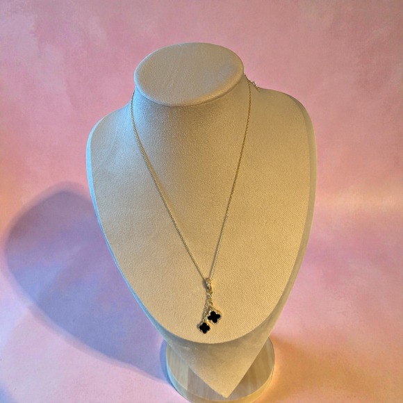 Adina Eden Jewelry - Gold Tone Double Clover Drop Necklace Black Enamel Adjustable Chain